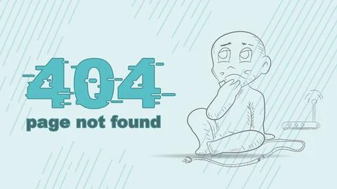 Error 404 page not found funny outline of a Chibi man who sits thoughtfully.. Stock Illustration