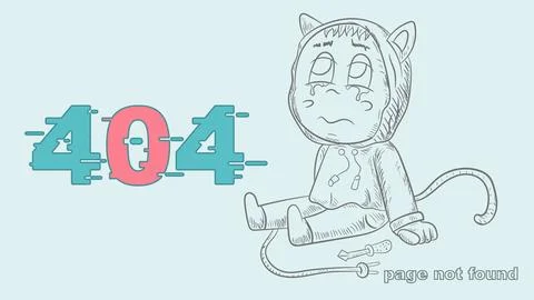 Error 404 page not found funny outline of a little man Chibi he sits next t.. Stock Illustration