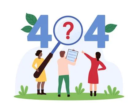 Error 404, page not found, tiny people study warning message with magnifying 库存插图