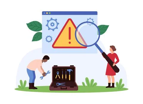 Error 404, page not found notification window, tiny people research warning Stock-Illustration