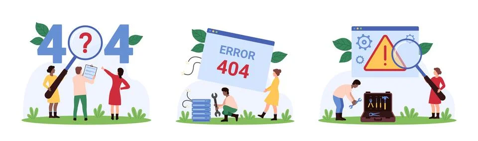Error 404, page not found set, tiny people repair lost network connection and Stockillustratie