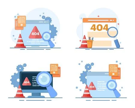 Error 404 page not found and web crash concept set Illustrazione stock