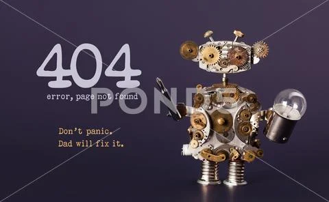 Error 404 page not found template for website. Steam punk style toy robot wit Stock Photos