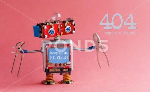 Error 404 page not found concept. Friendly handyman robot, smiley red head, Keep Stock Photos