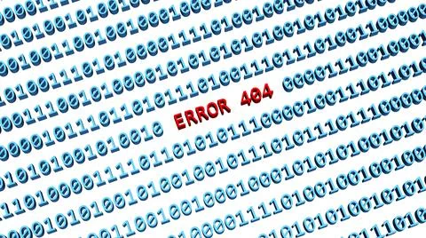ERROR 404 - red lettering integrated into a binary code screen in blue Stock Illustration