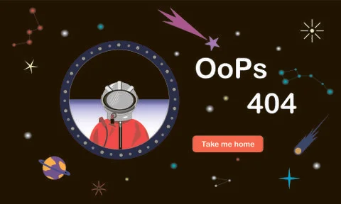Error 404. Site not found. Illustration of an astronaut in free space. Space  Stock Illustration