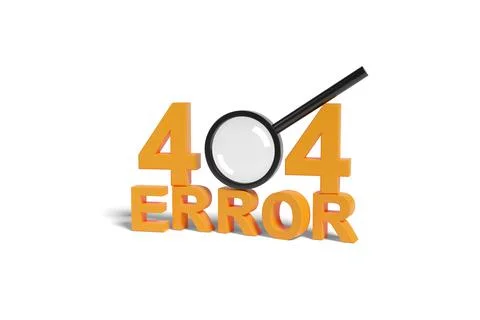 Error 404 solid text and magnifying glass isolated on white background. 3d il Stock Illustration