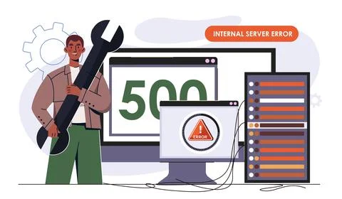 Error 500 concept. Man with wrench near computer screen. Internal server error イラスト素材