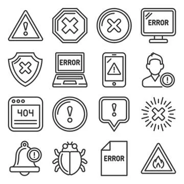 Error and Warning Icons Set on White Background. Line Style Vector Stock Illustration