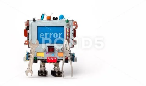 Error concept poster. Handyman robotic computer with hand wrench pliers on white Stock Photos