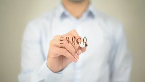 Error, man writing on transparent screen Foto stock