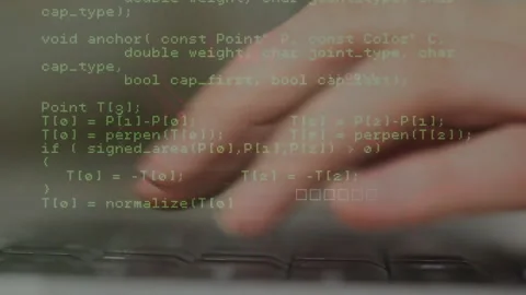 Error marker appearing, hands typing and scrolling through C++ code fixing logic Stock Footage 311901811