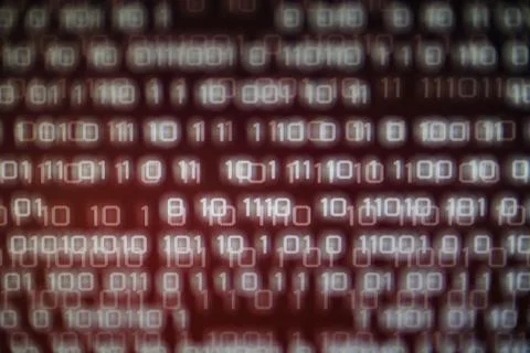 Error message in computer data matrix. red binary background. hacker and inte Foto stock