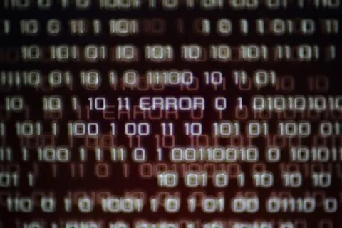 Error message in computer data matrix. red binary background. hacker and inte 스톡 사진
