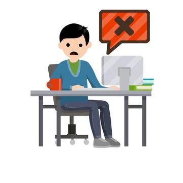 Error message in computer. Shocked man is sitting at table with monitor Illustrazione stock