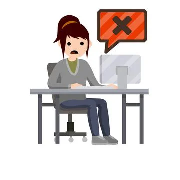 Error message in computer. Shocked woman sit at table with monitor. Illustrazione stock