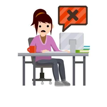 Error message in computer. Shocked woman Illustrazione stock