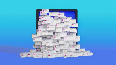 Error messages fall out from a retro styled computer screen. 3D Render Stock Footage 257558966