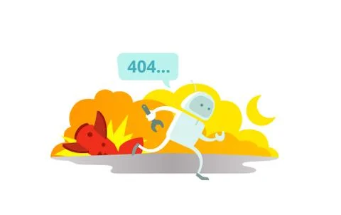 Error page 404 not found Crash accident with missile rocket Cosmonaut running Stock Illustration