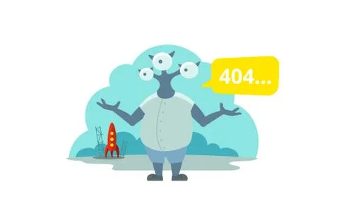 Error page 404 not found. Three-eyed alien arrived on rocket Stock Illustration
