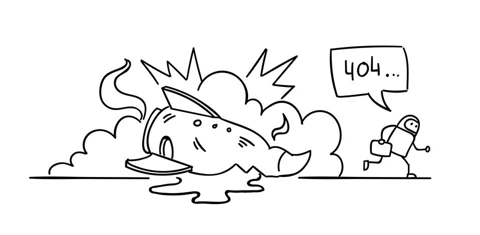 Error page 404 not found Crash accident with missile rocket Cosmonaut running Stock Illustration