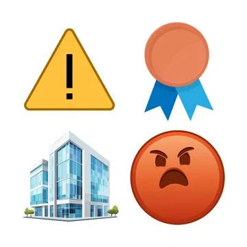 Error warning, bronze medal, skyscrapers and angry face. Set of 4 icons Stock-Illustration