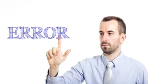 Error -  Young businessman with small beard touching text 写真素材