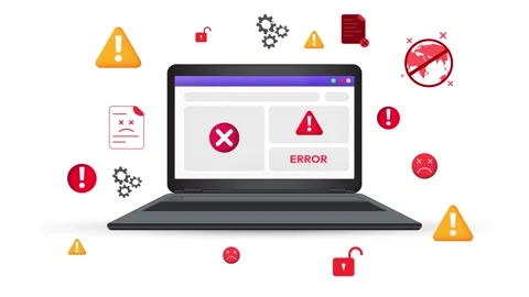 Errors and virus attacks on the laptop screen, 4k animation with floating warn Video stock 304838566
