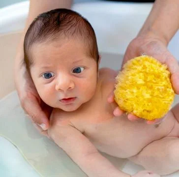 Erstes Bad eines neugeborenen Jungen: Die Mutter wäscht das Baby mit einem.. Stock Photos