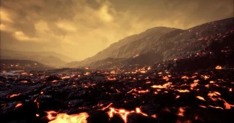 Erupting lava field under a dramatic sky at dusk with rugged terrain Illustrazione stock