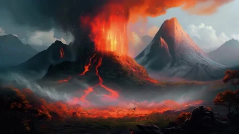 Erupting volcano, first world landscape. loop animation Stock Footage 239677814