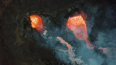 Erupting Volcano in Iceland with lava flow drone 4k (Fagradalsfjall) Stock Footage 159507930