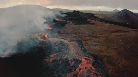 Erupting Volcano in Iceland with lava flow drone 4k (Fagradalsfjall) Stock Footage 159509076
