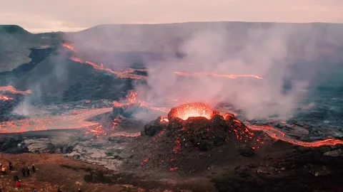 Erupting Volcano in Iceland with lava flow drone 4k (Fagradalsfjall) Stock Footage 159516657