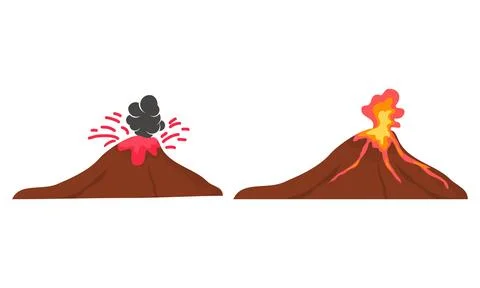 Erupting volcano vector set with red hot lava and dark ash clouds Stock Illustration