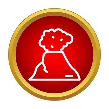 Erupting volcano warning icon in red circle Stock Illustration