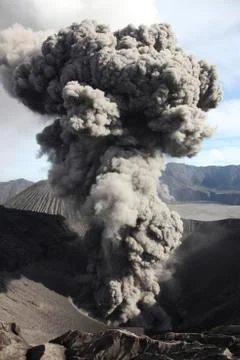 Eruption of ash cloud from crater of Mount Bromo, Tengger Caldera, Java, Stock Photos