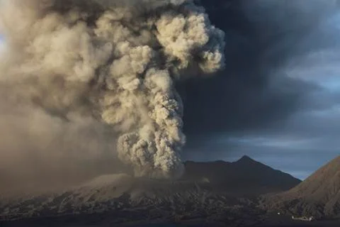 Eruption of ash cloud from Mount Bromo volcano, Tengger Caldera, Java, Stock Photos