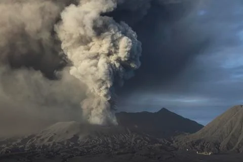 Eruption of ash cloud from Mount Bromo volcano, Tengger Caldera, Java, Stock-Fotos