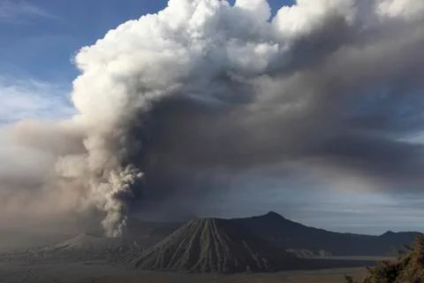 Eruption of ash cloud from Mount Bromo volcano, Tengger Caldera, Java, Stock Photos