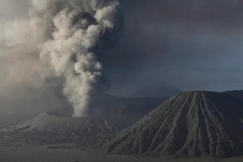 Eruption of ash cloud from Mount Bromo volcano, Tengger Caldera, Java, Stock Photos