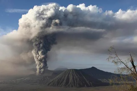 Eruption of ash cloud from Mount Bromo volcano, Tengger Caldera, Java, Stock Photos