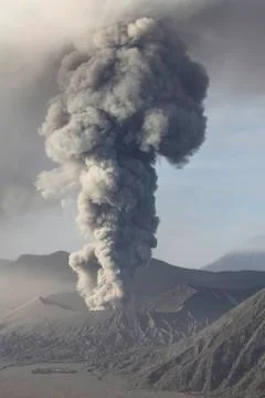 Eruption of ash cloud from Mount Bromo volcano, Tengger Caldera, Java, Stock Photos