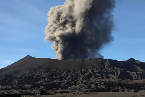 Eruption of ash cloud from Mount Bromo volcano, Tengger Caldera, Java, Stock Photos