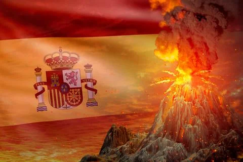 Eruption on Spain flag, problems of disaster concept 스톡 일러스트