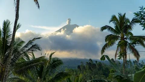 Eruption of Volcano Semeru on the island of Java. The volcano emits ash and Stock Photos