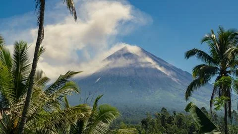Eruption of Volcano Semeru on the island of Java. The volcano emits ash and Stock Photos