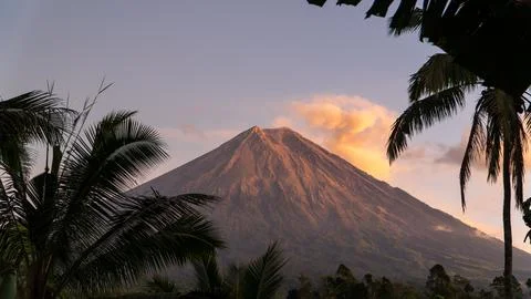 Eruption of Volcano Semeru on the island of Java. The volcano emits ash and Stock Photos