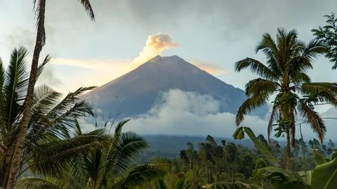 Eruption of Volcano Semeru on the island of Java. The volcano emits ash and 스톡 사진