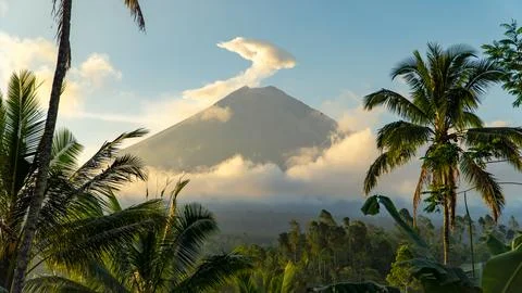 Eruption of Volcano Semeru on the island of Java. The volcano emits ash and Stock Photos